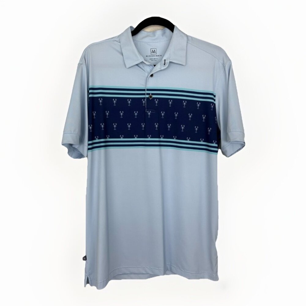 Mizzen Main Versa Polo Shirt Men Medium Trim Blue & Navy Lobster Print Stretch